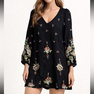 Free People Oxford Embroidered Boho Black Mini Dress Size XS